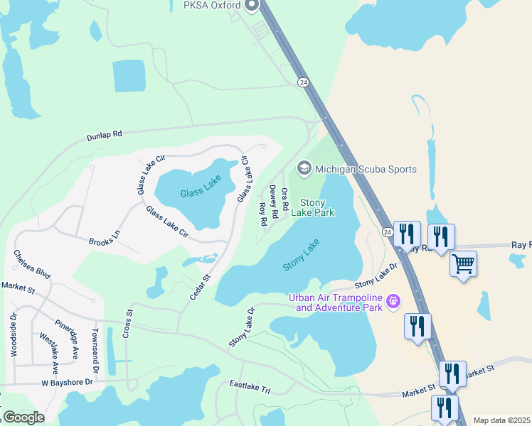 map of restaurants, bars, coffee shops, grocery stores, and more near 1441 Roy Road in Oakland County