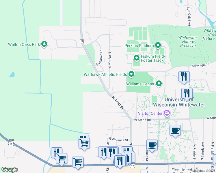 map of restaurants, bars, coffee shops, grocery stores, and more near 500 North Walton Drive in Whitewater