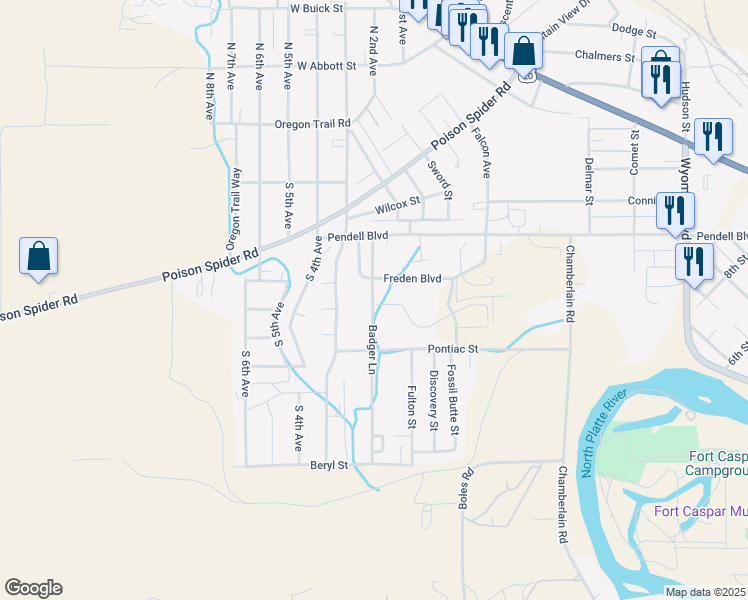 map of restaurants, bars, coffee shops, grocery stores, and more near 817 Badger Lane in Mills