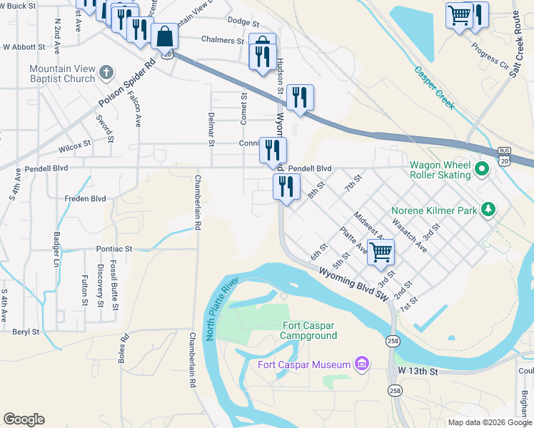map of restaurants, bars, coffee shops, grocery stores, and more near 798-800 Southwest Wyoming Boulevard in Mills