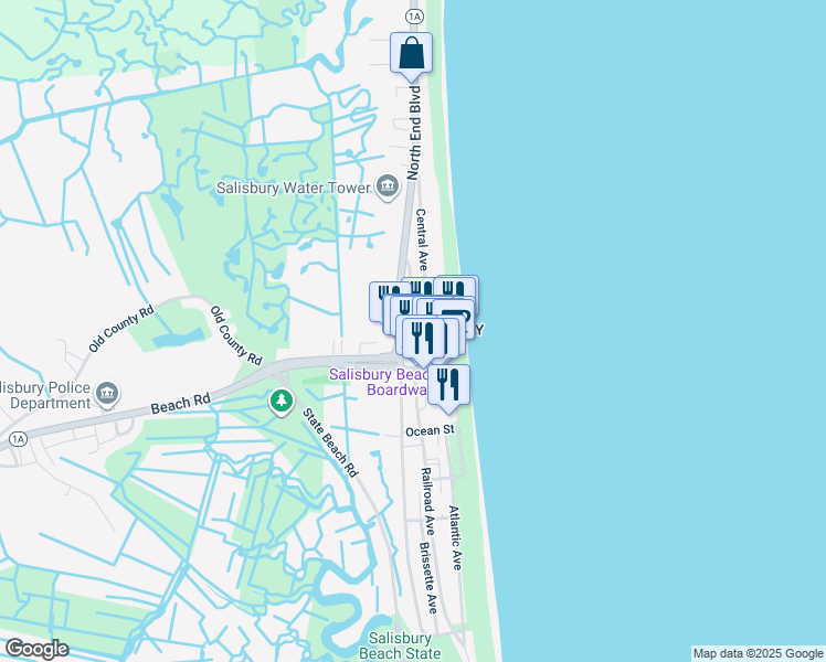 map of restaurants, bars, coffee shops, grocery stores, and more near 5 Driftway in Salisbury