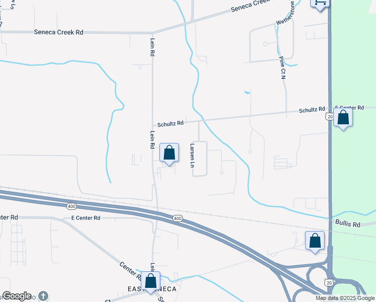map of restaurants, bars, coffee shops, grocery stores, and more near 43 Larsen Lane in Buffalo