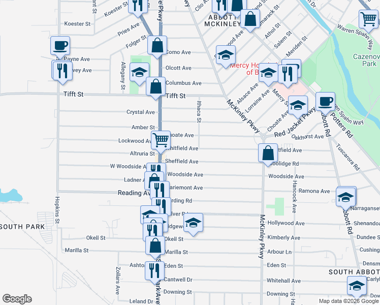 map of restaurants, bars, coffee shops, grocery stores, and more near 84 Sheffield Avenue in Buffalo