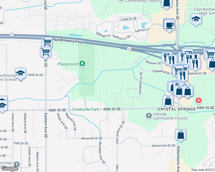 map of restaurants, bars, coffee shops, grocery stores, and more near 1171 68th Street Southeast in Kentwood