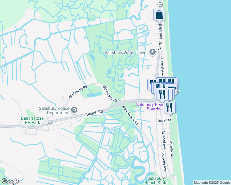 map of restaurants, bars, coffee shops, grocery stores, and more near 47 Old County Road in Salisbury