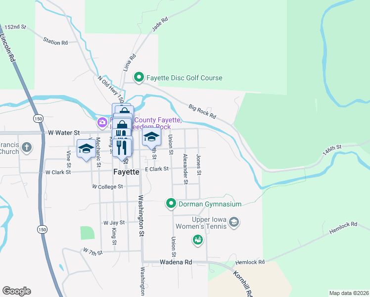 map of restaurants, bars, coffee shops, grocery stores, and more near 201 Alexander Street in Fayette
