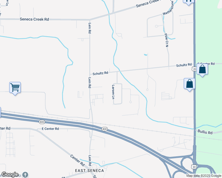 map of restaurants, bars, coffee shops, grocery stores, and more near 43 Larsen Lane in Buffalo