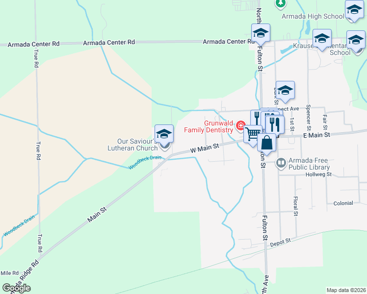 map of restaurants, bars, coffee shops, grocery stores, and more near 22601 West Main Street in Armada