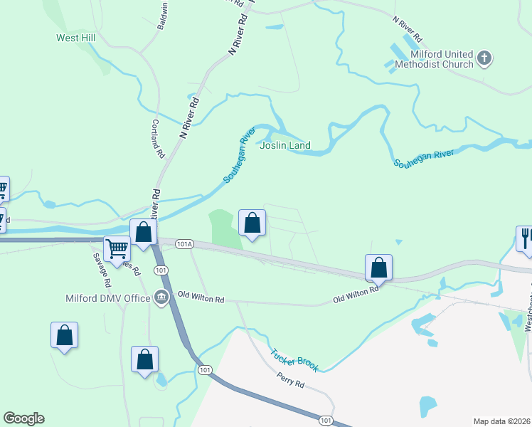 map of restaurants, bars, coffee shops, grocery stores, and more near 545 Elm Street in Milford