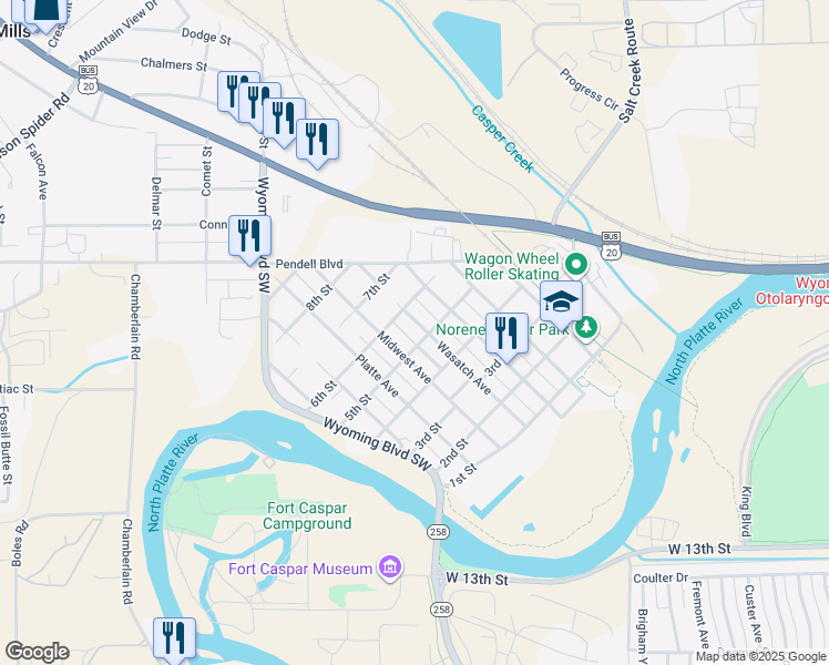 map of restaurants, bars, coffee shops, grocery stores, and more near 401-499 5th St in Mills