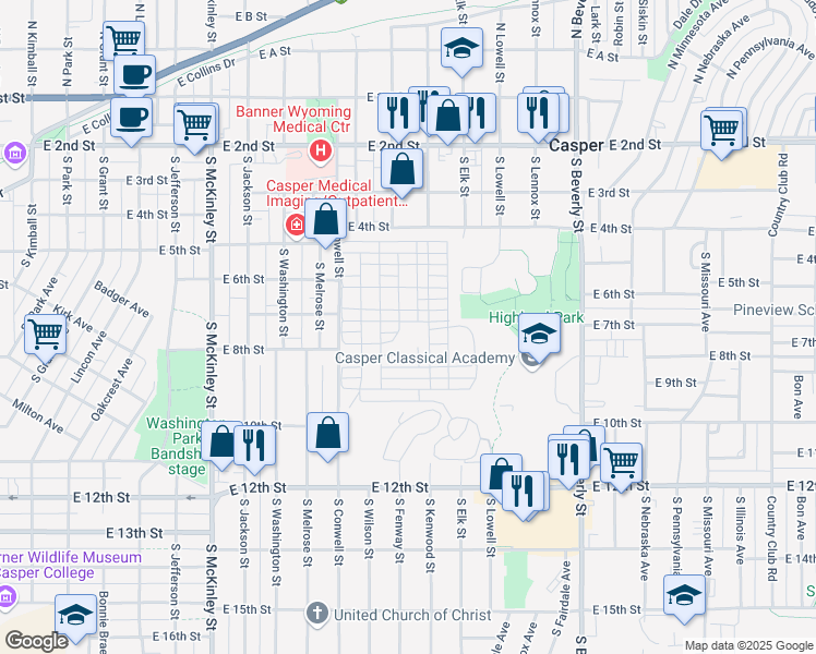 map of restaurants, bars, coffee shops, grocery stores, and more near 1541 East 4th Street in Casper