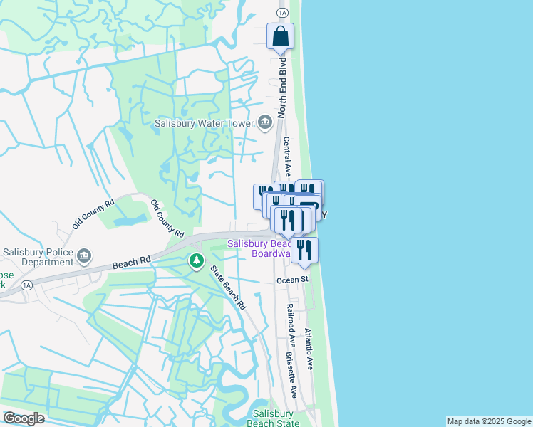 map of restaurants, bars, coffee shops, grocery stores, and more near 233 Beach Road in Salisbury