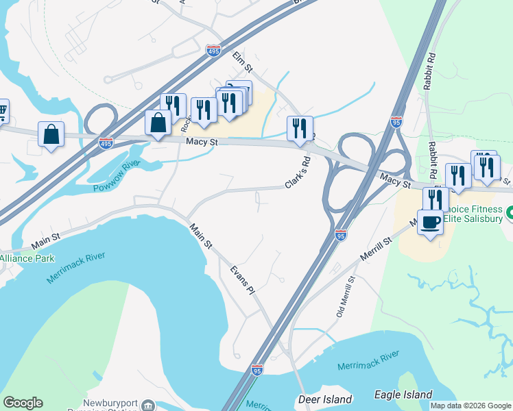 map of restaurants, bars, coffee shops, grocery stores, and more near 7 Birchwood Pointe in Amesbury