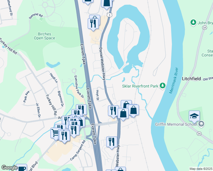 map of restaurants, bars, coffee shops, grocery stores, and more near 326 Daniel Webster Highway in Merrimack