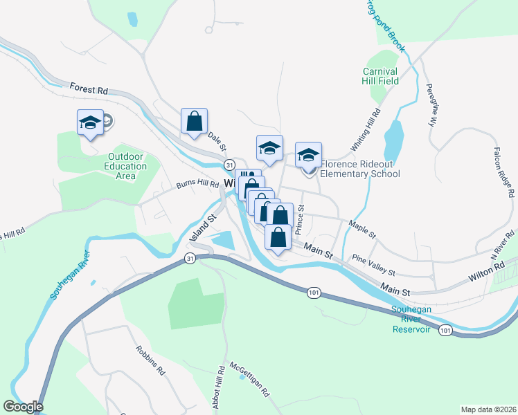 map of restaurants, bars, coffee shops, grocery stores, and more near 65 Main Street in Wilton