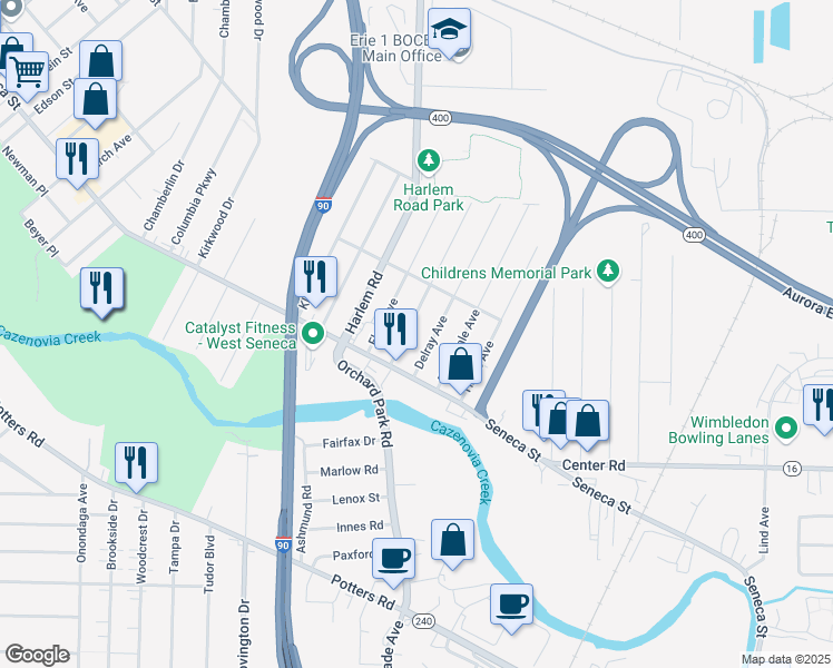 map of restaurants, bars, coffee shops, grocery stores, and more near 35 Delray Avenue in Buffalo