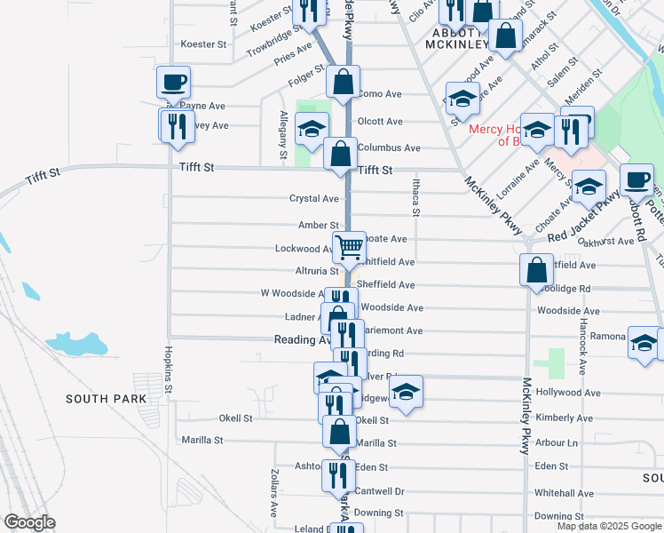map of restaurants, bars, coffee shops, grocery stores, and more near 183 Altruria Street in Buffalo