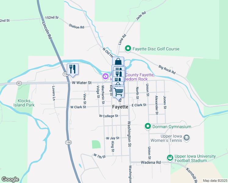 map of restaurants, bars, coffee shops, grocery stores, and more near 201-299 King Street in Fayette