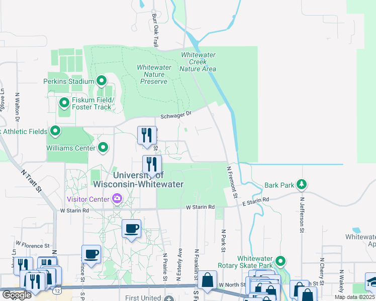 map of restaurants, bars, coffee shops, grocery stores, and more near East Lauderdale Drive in Whitewater