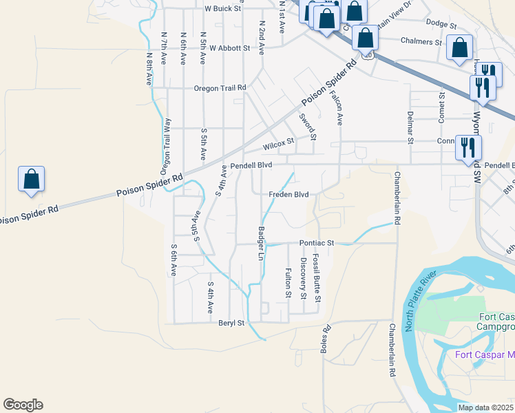 map of restaurants, bars, coffee shops, grocery stores, and more near 701-817 Badger Lane in Mills