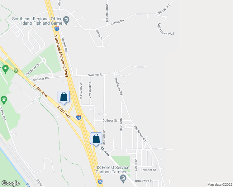 map of restaurants, bars, coffee shops, grocery stores, and more near 3641 Stockman Road in Pocatello