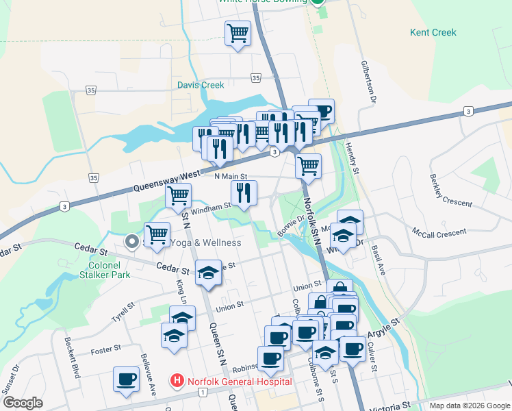 map of restaurants, bars, coffee shops, grocery stores, and more near 300 Talbot Street North in Simcoe
