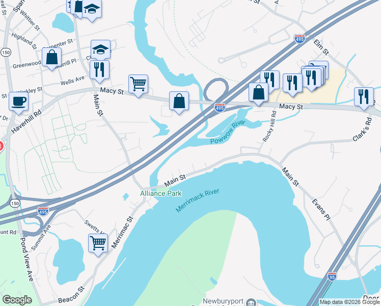 map of restaurants, bars, coffee shops, grocery stores, and more near 3 Laurel Place in Amesbury