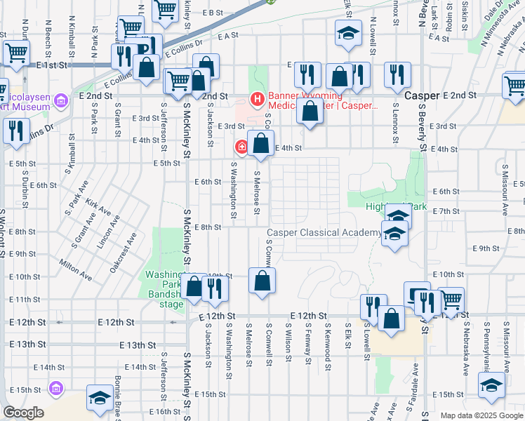 map of restaurants, bars, coffee shops, grocery stores, and more near 1326 East 8th Street in Casper