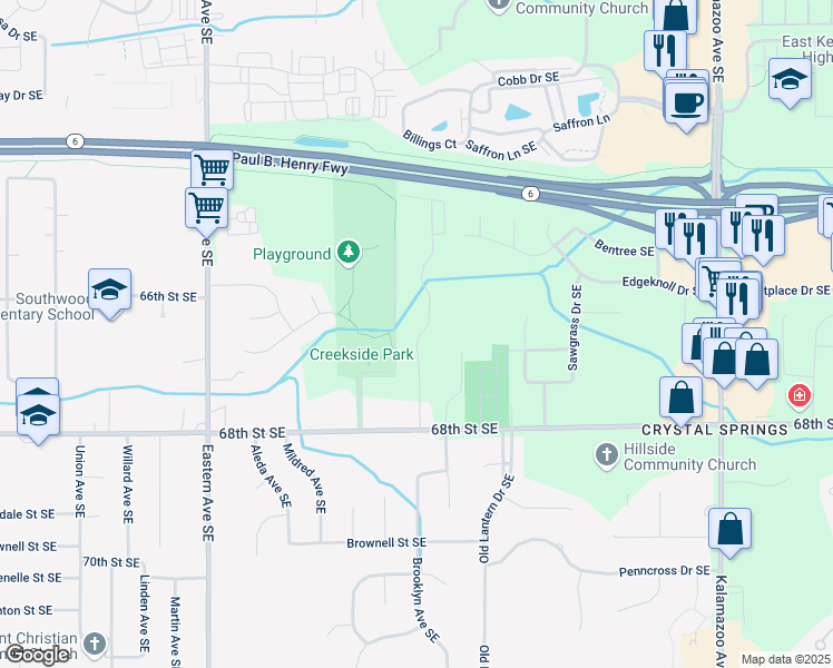 map of restaurants, bars, coffee shops, grocery stores, and more near 6671 Creekside View Drive Southeast in Grand Rapids