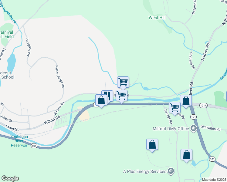 map of restaurants, bars, coffee shops, grocery stores, and more near 755 North River Road in Milford