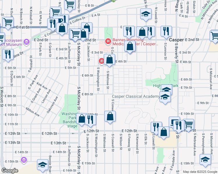 map of restaurants, bars, coffee shops, grocery stores, and more near 1326 East 8th Street in Casper