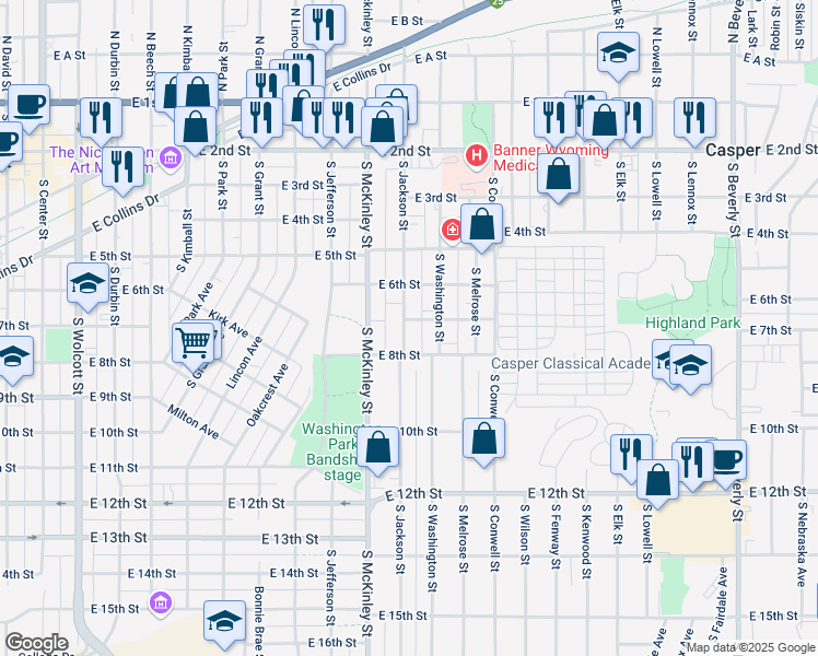 map of restaurants, bars, coffee shops, grocery stores, and more near 745 South Jackson Street in Casper