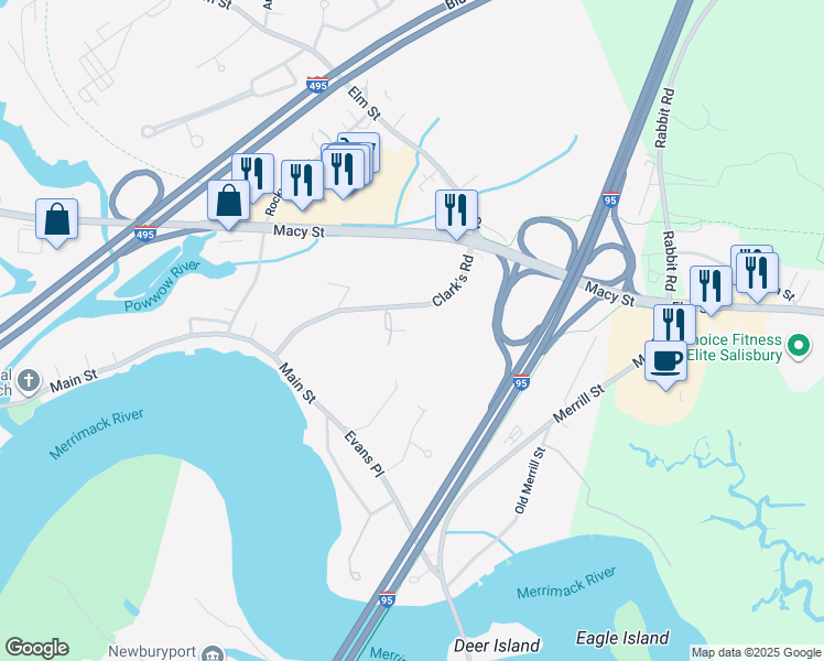map of restaurants, bars, coffee shops, grocery stores, and more near 7 Birchwood Pointe in Amesbury