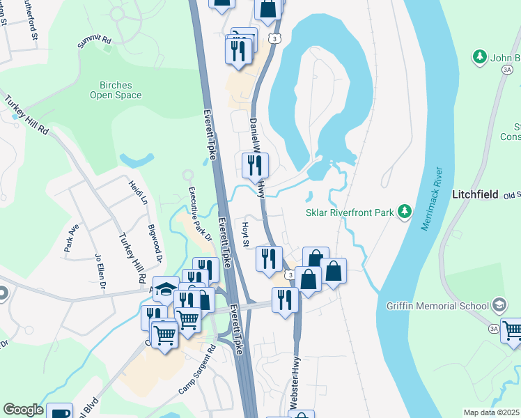 map of restaurants, bars, coffee shops, grocery stores, and more near 326 Daniel Webster Highway in Merrimack