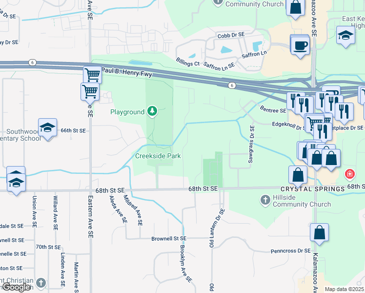 map of restaurants, bars, coffee shops, grocery stores, and more near 6671 Creekside View Drive Southeast in Grand Rapids