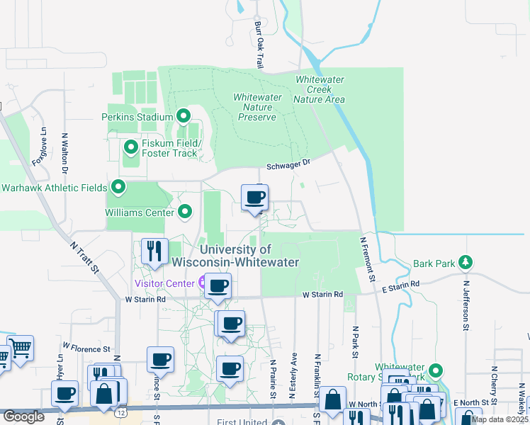 map of restaurants, bars, coffee shops, grocery stores, and more near 471 Prairie St in Whitewater
