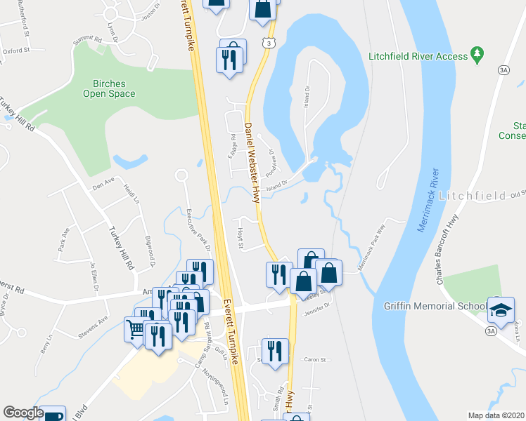 map of restaurants, bars, coffee shops, grocery stores, and more near 331 Daniel Webster Highway in Merrimack