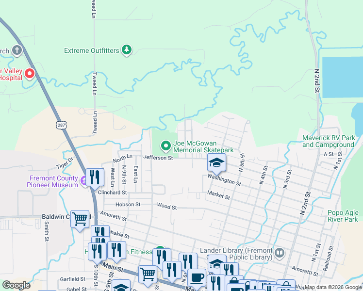 map of restaurants, bars, coffee shops, grocery stores, and more near 830 Jefferson St in Lander