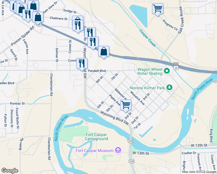 map of restaurants, bars, coffee shops, grocery stores, and more near in Mills