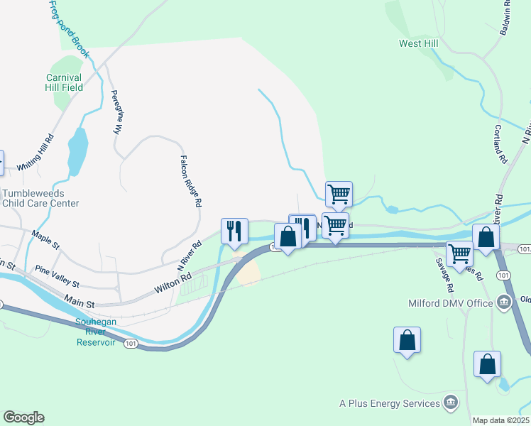 map of restaurants, bars, coffee shops, grocery stores, and more near 793 North River Road in Milford