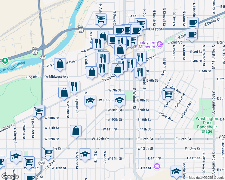 map of restaurants, bars, coffee shops, grocery stores, and more near 725 South Ash Street in Casper