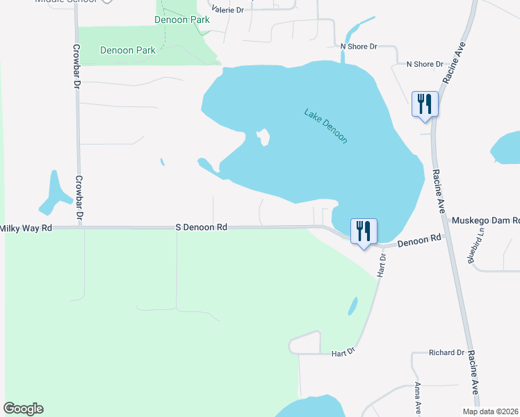 map of restaurants, bars, coffee shops, grocery stores, and more near S110W20770 South Denoon Road in Muskego