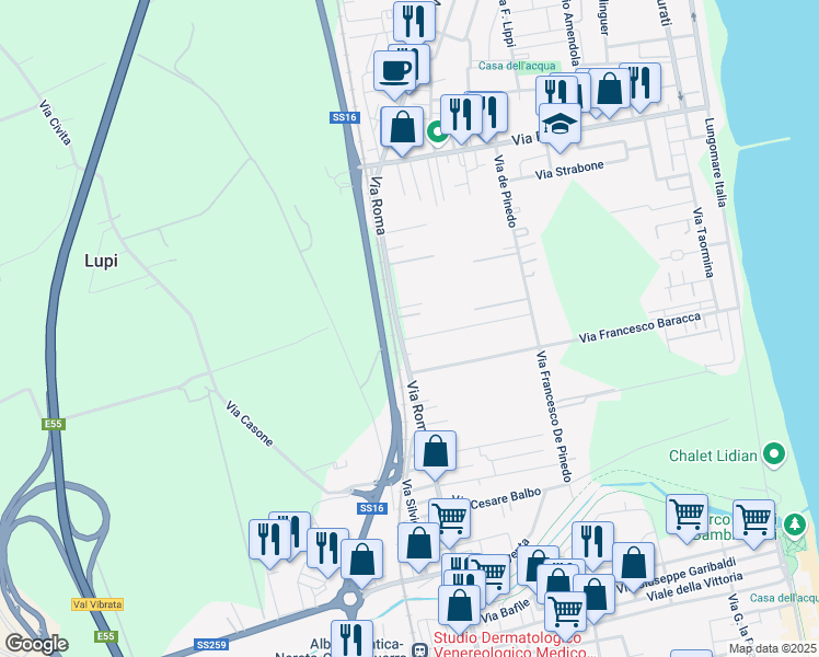 map of restaurants, bars, coffee shops, grocery stores, and more near 681 Via Roma in Villa Rosa