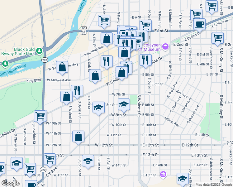 map of restaurants, bars, coffee shops, grocery stores, and more near 725 South Ash Street in Casper
