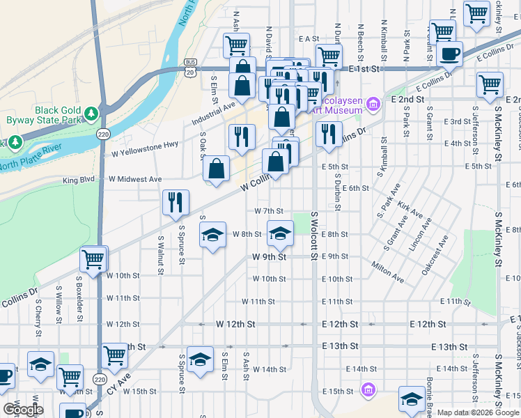 map of restaurants, bars, coffee shops, grocery stores, and more near 631 S Ash St in Casper