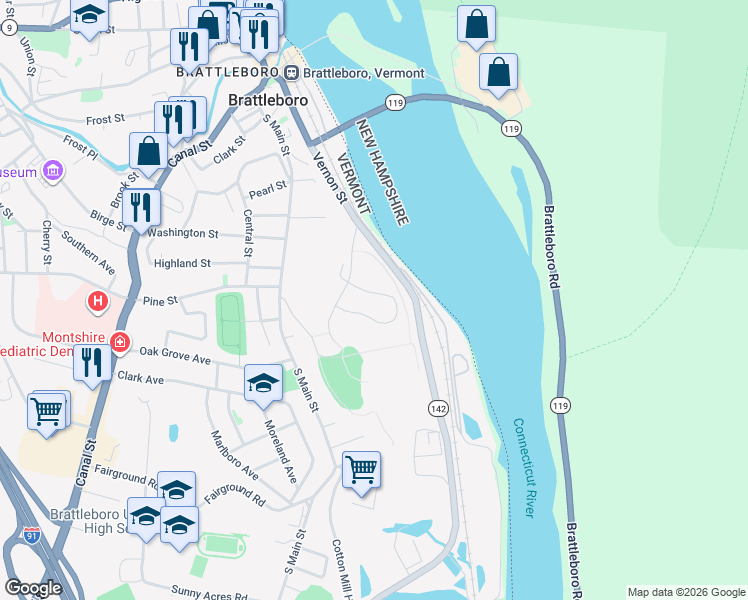 map of restaurants, bars, coffee shops, grocery stores, and more near 115 Morningside Comm in Brattleboro