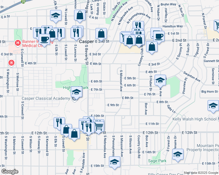map of restaurants, bars, coffee shops, grocery stores, and more near 2500-2598 E 6th St in Casper
