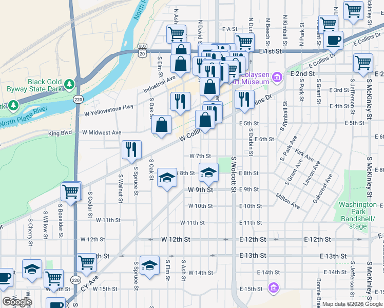 map of restaurants, bars, coffee shops, grocery stores, and more near 631 S Ash St in Casper
