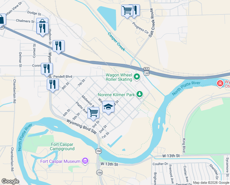 map of restaurants, bars, coffee shops, grocery stores, and more near 100-198 4th St in Mills