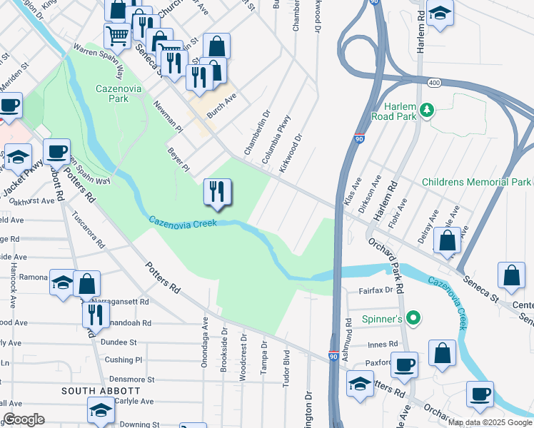 map of restaurants, bars, coffee shops, grocery stores, and more near 18 Wichita Road in West Seneca